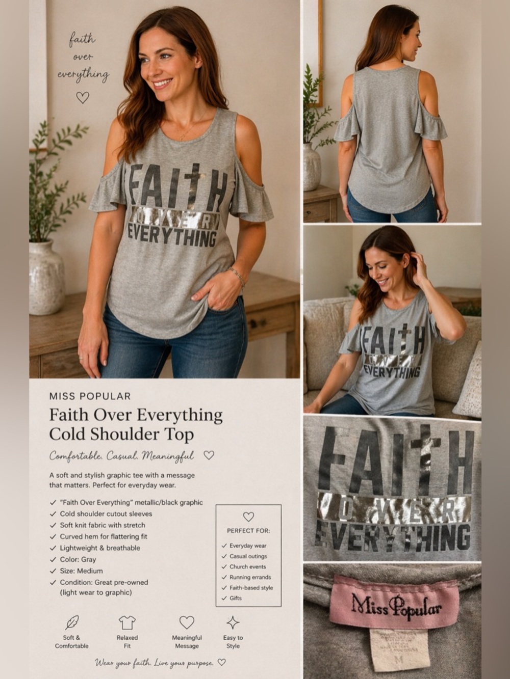 Faith Over Everything Graphic Tee Cold Shoulder Gray Top M Casual